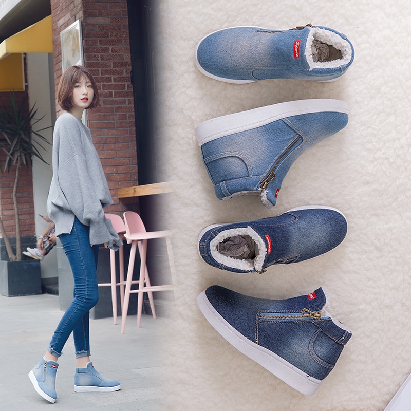 Women Warm Fleeces Classic Round Toe Flat Casual Denim Snow Boots