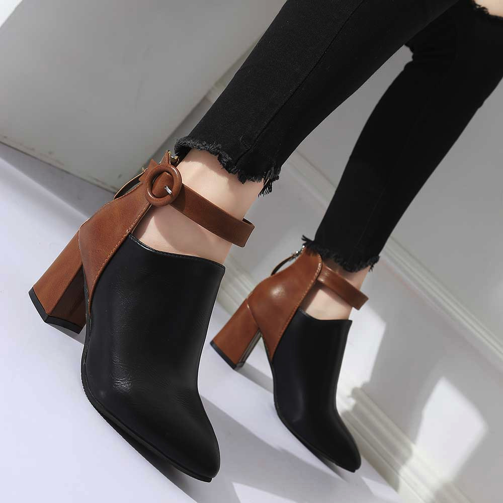 Women Zip Pointed Toe High Heel Botton Ankle Casual Boots